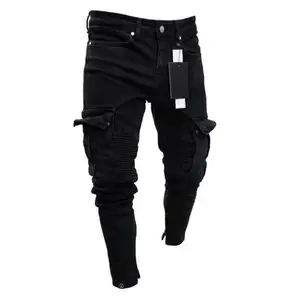 LILUO 2021时尚黑色Jean男士牛仔紧身牛仔裤破坏磨损修身口袋货物铅笔裤