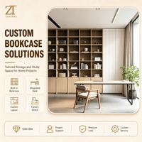 Bibliothèque murale élégante de style Japandi avec étagères en grille de chêne naturel, bureau autonome minimaliste, espace d'étude unifié