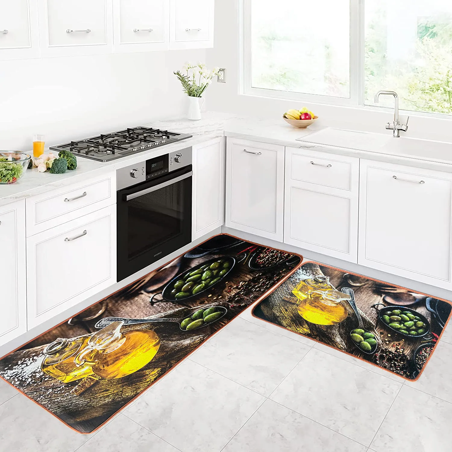 Printed design oversized custom size anti-fatigue kitchen area carpet washable Kitchen floor mats.
