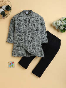 Ensemble Kurta imprimé pour garçons avec pyjama noir – Tenue ethnique traditionnelle pour enfants, idéale pour les fêtes, mariages, confortable et élégante - Product Image 2