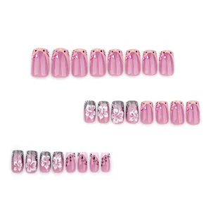 Nuevas <span class=keywords><strong>Uñas</strong></span> <span class=keywords><strong>Postizas</strong></span> Francesas Puntiagudas <span class=keywords><strong>para</strong></span> Mujeres y <span class=keywords><strong>Niñas</strong></span>, Diseño Cuadrado Mediano con Flores 3D, <span class=keywords><strong>Uñas</strong></span> <span class=keywords><strong>Postizas</strong></span> con Caja - Product Image 3