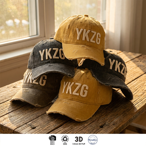 หมวกแก๊ปทรงแด๊ดฮัทสีเหลืองมัสตาร์ดแบบวินเทจ ยี่ห้อ YKZG ผ้าฝ้ายฟอกสี แต่งขาดสไตล์สตรีทแวร์ พรีเมียม ขายส่ง - Product Image 1
