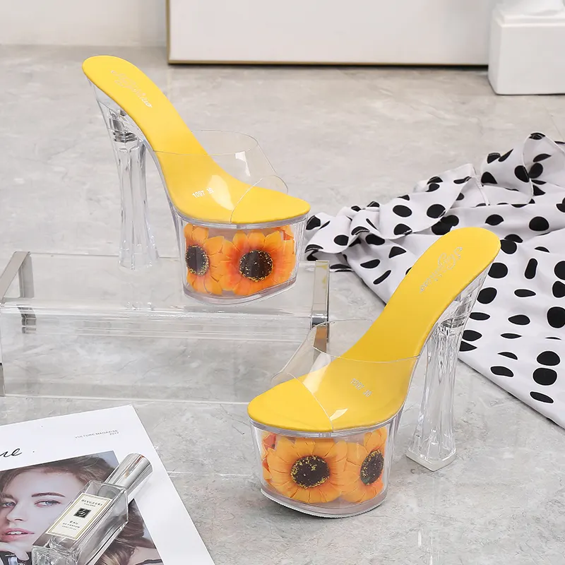 New Styles Sunflower Platform Shoes 15 CM Chunky High Heels Slippers Sexy Women Heeled Sandals
