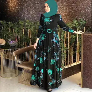 من المصنع مباشرة ملابس إسلامية عتيقة فستان إسلامي مطبوع تنورة شمسية طويلة الأكمام رداء حزام مخصص شعارك