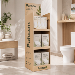 Présentoir en carton ondulé à niveaux personnalisable, imprimable, pour la promotion de produits sanitaires (sièges de toilettes, accessoires de salle de bain) en vente au détail - Product Image 1