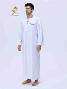 Al Haramain <b>Men's</b> White Cotton <b>Thobe</b> Long Sleeve Floor Length Round Neck Modest Prayer Wear Middle East Traditional Clothing - Product Image 1