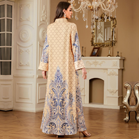 Abaya élégante à col montant, imprimé floral numérique, anti-plis, manches longues, style modeste, robe longue kaftan musulmane, tenue de Ramadan et de l'Aïd