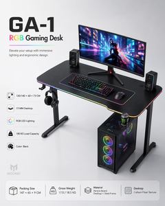 Bureau de jeu avec surface en fibre de carbone, éclairage LED RGB, crochet pour casque, structure en acier, bureau d'ordinateur durable pour les joueurs d'e-sport - Product Image 2