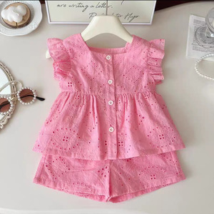 Nouvel Arrivage Ensemble 2 Pièces Décontracté d'Été pour Filles, Couleur Unie, en Polyester/Coton Respirant, Haut Rose Sans Manches et Short à Volants pour Enfants - Product Image 2