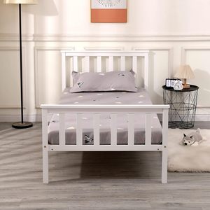 Inweto Modern Simple Design Sturdy Solid Wood Pine Wooden <b>Single</b> Size <b>Bed</b> 3ft With Headboard High Foot End White for Bedroom BF1 - Product Image 1
