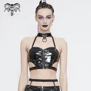 TT154 Punk Sáng Bóng Da Sexy Phụ Nữ Đen Dây Kéo Lên Spiked Ống Top Với Choker