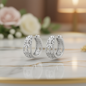 Orecchini a Cerchio in Oro Bianco E4485 con Design Floreale in Diamanti, Gioielli Classici da Donna - Product Image 2