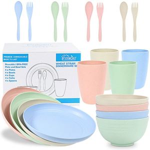 Nouvel ensemble de vaisselle écologique incassable Sinoge Design 28 pièces en paille de blé : couverts, tasses, bols et assiettes - Product Image 1