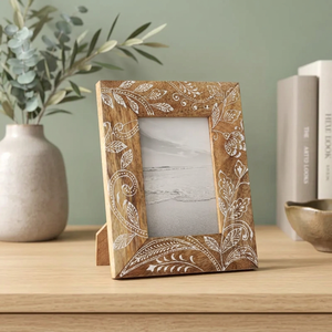 Wood Photo <b>Frame</b> Rectangular Handmade Ornate Floral <b>Design</b> Tabletop Vertical Display UV Printed Full Color Home decor <b>Wall</b> decor - Product Image 1