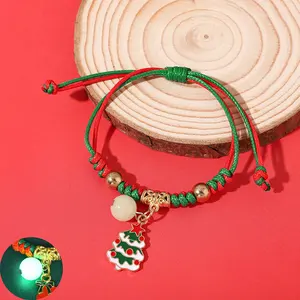 Christmas Theme Braided Rope Bracelet Xmas Tree Alloy Pendant Bracelet Women Kid Gifts Party Jewelry Gifts