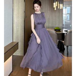 Abito estivo estivo da donna senza maniche Casual abiti lunghi in Chiffon con arricciatura viola - Product Image 3