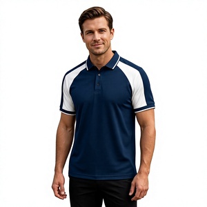 เสื้อโปโลชาย สีกรมท่าขาว ตัดต่อสี แขนสั้น ผ้าถัก แห้งเร็ว สวมใส่สบาย เหมาะสำหรับชุดกีฬาหรือชุดยูนิฟอร์มสโมสร ผลิตในบังกลาเทศ - Product Image 1