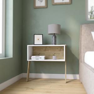 Comodino rurale con finitura rovere chiaro/bianco a due gambe e una mensola - Product Image 2