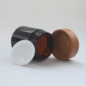 Face Cream Container 30ml 50ml 100ml 200ml Amber Black Frost Finished Glass Jar With Engraved Logo Wooden Bamboo Round Lid