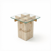 Table basse Side Rice White Cave Stone avec structure en bois de frêne et plateau en verre trempé, design moderne, meuble de salon durable