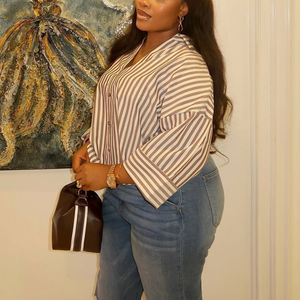 Chemisier décontracté chic à rayures en mélange de lin avec manches raglan pour femme – Chemise respirante tendance automne - Product Image 2