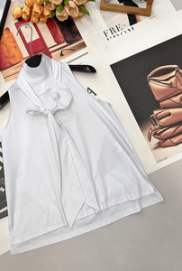 Blusa sin Mangas con Cuello Alto para Mujer, Top con Cuello de Lazo y Acento Floral 3D, Ropa Casual Elegante para Oficina y Salidas Diarias - Product Image 6