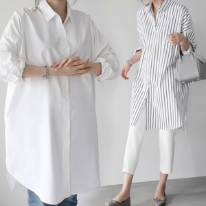 Blusa larga de gran tamaño para mujer Otoño Primavera Camisa blanca del Sur con diseño de overfit de rayas de gran tamaño - Product Image 1