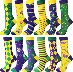 KT-T250095 Mardi Gras kaus kaki pria terbaru kaus kaki kru berlian ungu emas hijau Fleur De Lis - Product Image 1