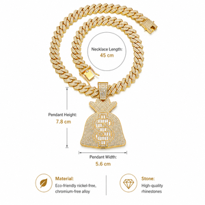 Collier Pendentif Hip Hop Dollar de Qualité en Gros, Chaîne en Alliage Plaqué Or, Pendentifs Sac d'Argent <span class=keywords><strong>Euro</strong></span> Tendance - Product Image 2