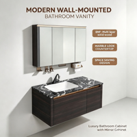 Meuble-lavabo suspendu moderne avec miroir intelligent à induction, vasque intégrée en pierre frittée