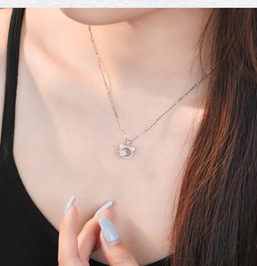 Collar de Plata de Ley S925 con Orejas de Gato y Corazón con Circonita Rosa, Joyería Fina de Moda para Mujer, Regalo de Aniversario o Cumpleaños - Product Image 5