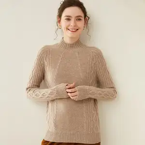 Suéter de lã para mulheres, fantasia de luxo, gola alta, merino, lã