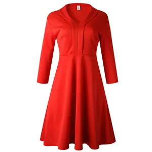 婦人服S-XXXL秋の女性Vネックエレガントな赤いドレス女性の女性のファッション無地Aラインドレス