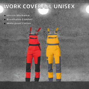 Combinaisons de travail rouges et jaunes avec bretelles réglables et plusieurs poches pour la réparation mécanique - Product Image 2