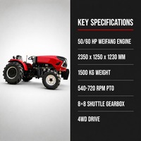 Tracteur compact 50 CV 4x4, petit tracteur agricole, largeur étroite 1250 mm, pour serre et verger, avec rotavator, élévateur hydraulique et attelage 3 points