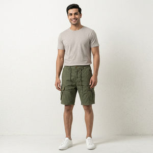 Shorts cargo américains sportifs amples pour hommes, nouvelle collection été, micro-élasticité, coupe droite, kaki uni, séchage rapide, personnalisable - Product Image 1