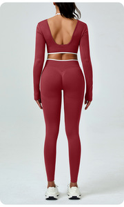 Haut de yoga sans coutures à blocs de couleur pour femme, manches longues, dos en U, séchage rapide, en Spandex, pour la course, le fitness et la gym - Product Image 3