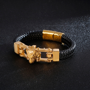 KALEN nero in vera pelle intrecciata corda oro acciaio inossidabile lupo <span class=keywords><strong>bracciale</strong></span> <span class=keywords><strong>uomo</strong></span> - Product Image 2