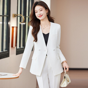 Women's White Suit Set Polyester Flared Trousers Office Lady Spring Anti-Wrinkle Three Quarter Sleeve - Product Image 3