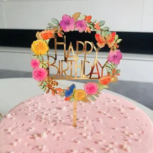 Commercio all'ingrosso personalizzato personalizzato matrimonio nuovo Design buon anniversario torta di compleanno disegni acrilico verticale fiore Cake topper
