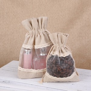 Sac en coton avec cordon de serrage et bordure en dentelle, sac en toile blanc et couleurs naturelles, sac cadeau pour cigarettes et faveurs de mariage, pochette en soie - Product Image 1