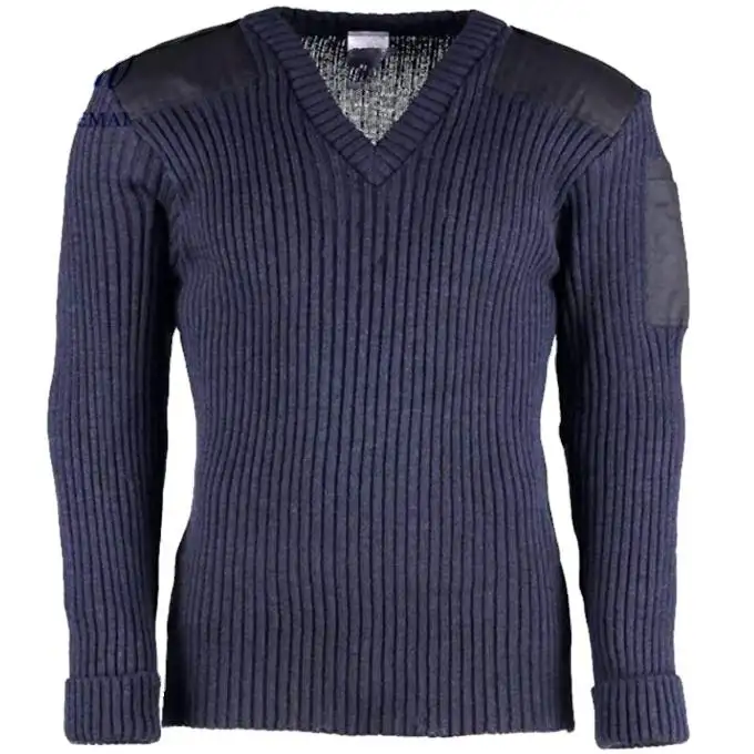 Hot Selling Herren Black V-Neck Tactical Sweater mit Schulter Patch Maschine Stricken Woll mischungen Strickwaren