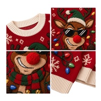 Pull tricoté homme Noël motif renne Rudolph lumières colorées col rond hiver Xmas Ugly Knitted