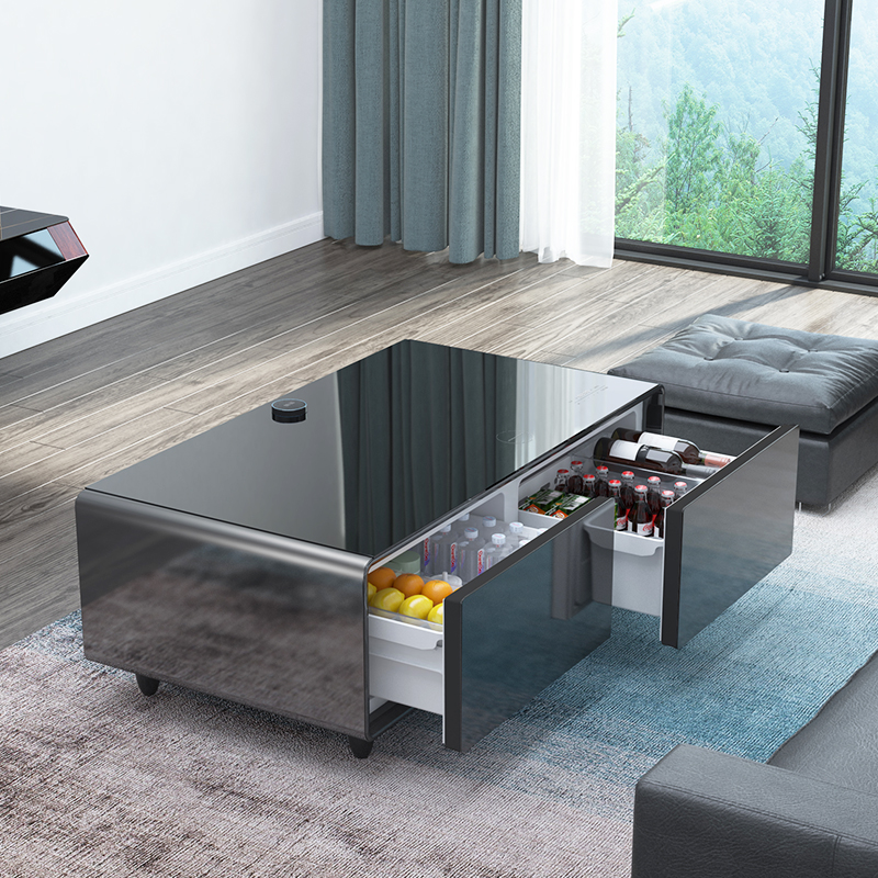 New arrival smart refrigerator coffee table fridge table with fridge blueteeth speakers usb chargers led touch screen