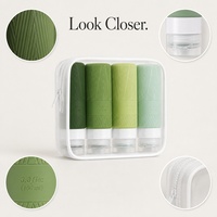 Kit de voyage 4 flacons de voyage en silicone souple vert sauge 100 ml avec bouchon à clapet et sac de rangement transparent pour bagage à main