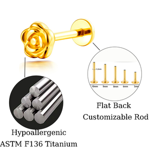 Piercings Labret Maina <span class=keywords><strong>en</strong></span> Titane ASTM F136 de Qualité Implantable, à Filetage Interne, pour Oreille, Lèvre, Cartilage, Tragus, Lobe, Motif Fleur Dorée - Product Image 2