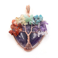 Nouveau pendentif arbre de vie en cristal d'améthyste naturelle en forme de cœur, multicolore, enroulé à la main, avec fil