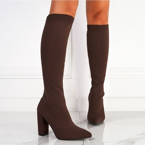 2025 Knee High Heels Pointy Sexy Stretch Fabric Knitted Chunky Heel <b>Long</b> Boots for Women - Product Image 3