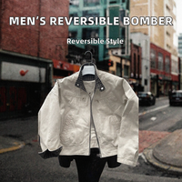 Blouson Bomber Homme Réversible Col V Bicolore Zippé en Coton à Carreaux Hiver ODM Logo Frontal Décontracté Streetwear