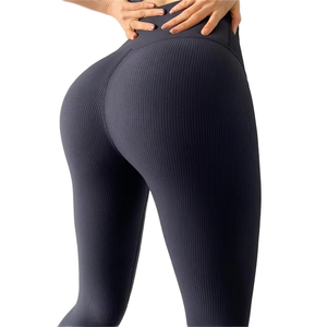 Leggings de Yoga de Cintura Alta, Acanalados, Sin Costuras, Largos, de Spandex y Nailon, Cintura Elástica, Estiramiento en Cuatro Direcciones, Color Sólido - Product Image 1